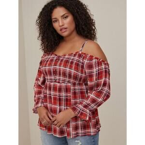 Torrid Autumn Plaid Orange Rust Smocked Off-Shoulder Peplum Sweetheart Top 2X